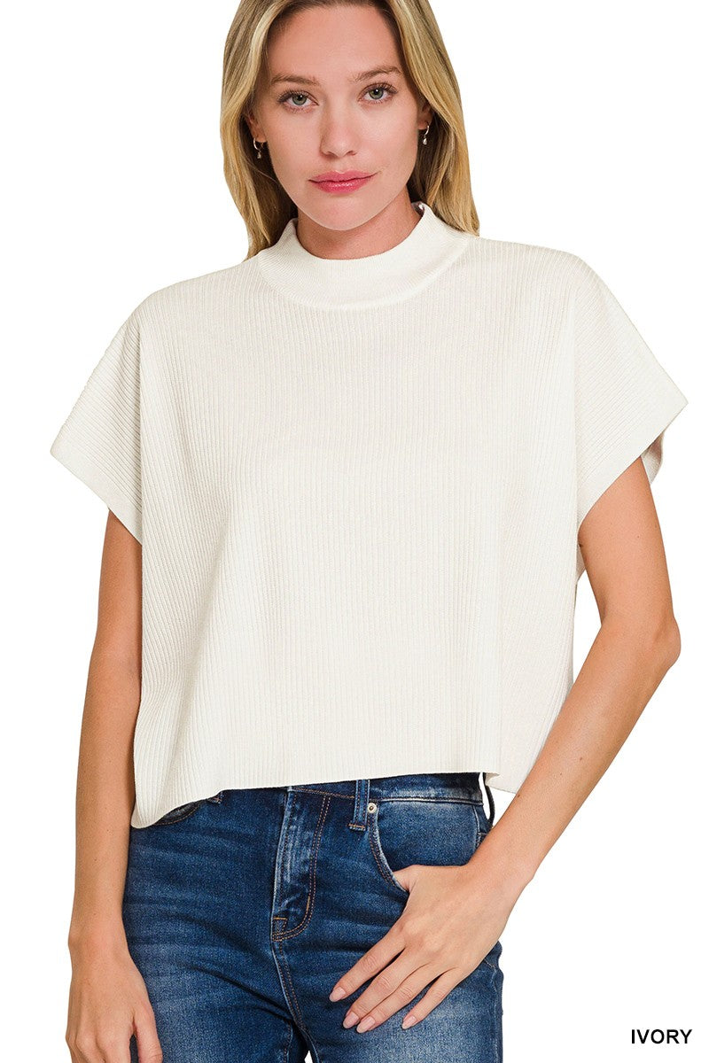 Mock Neck Short Sleeve Boxy Sweater