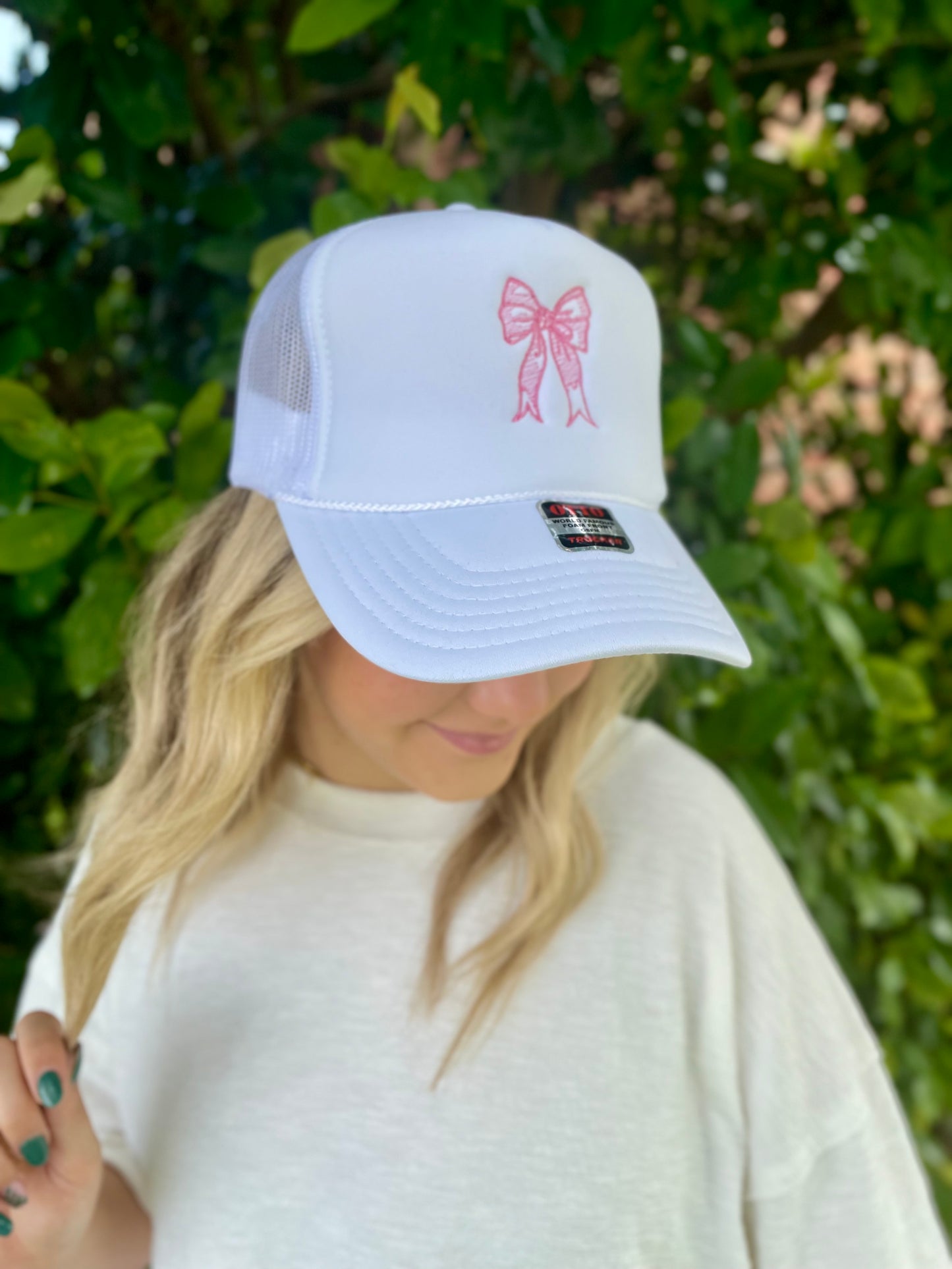 Embroidered Bow Trucker Hat, White