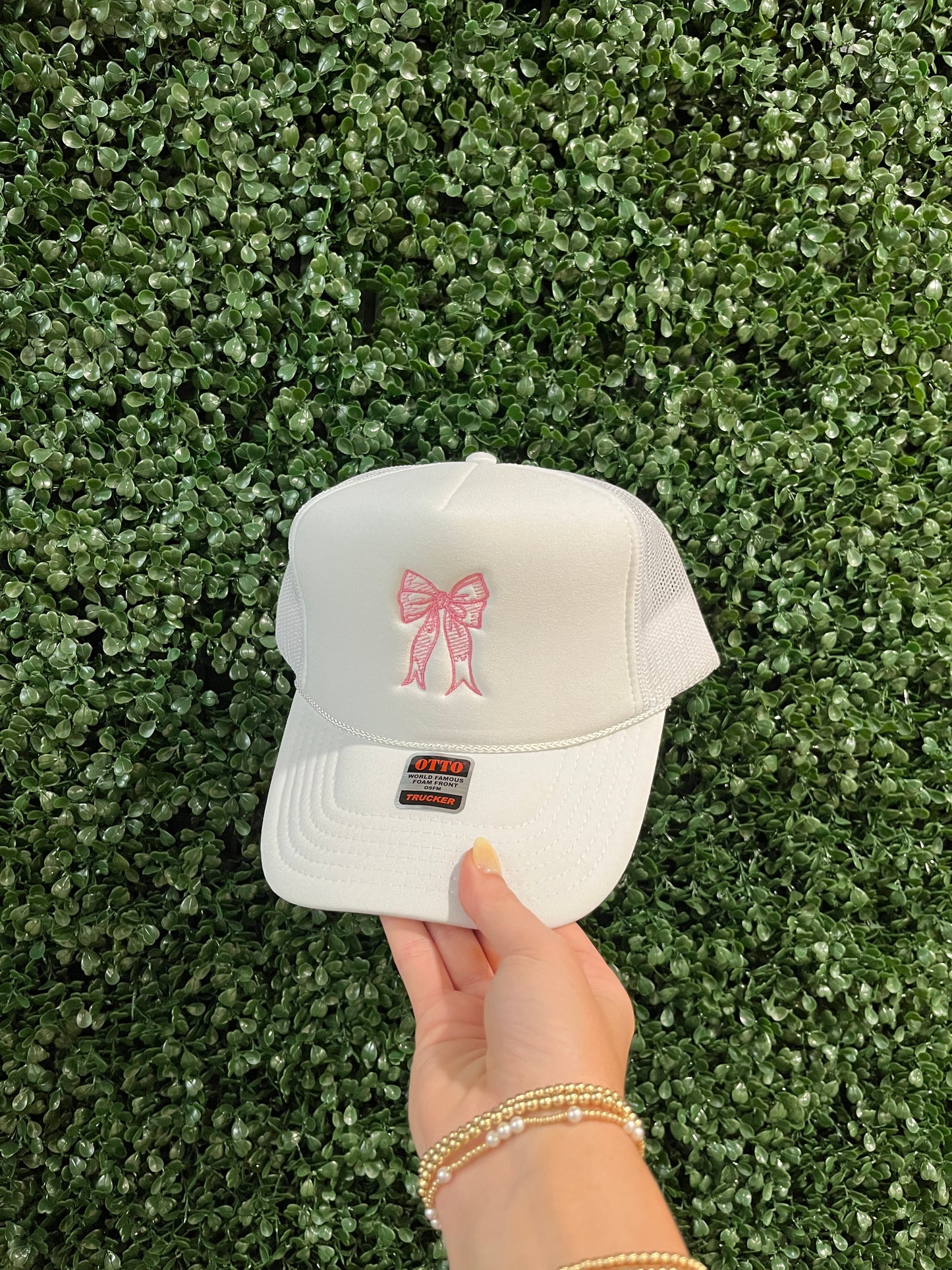 Embroidered Bow Trucker Hat, White