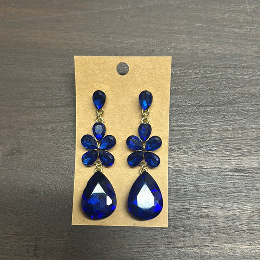 Formal Earrings Royal Blue Gold Base Flower Dangle