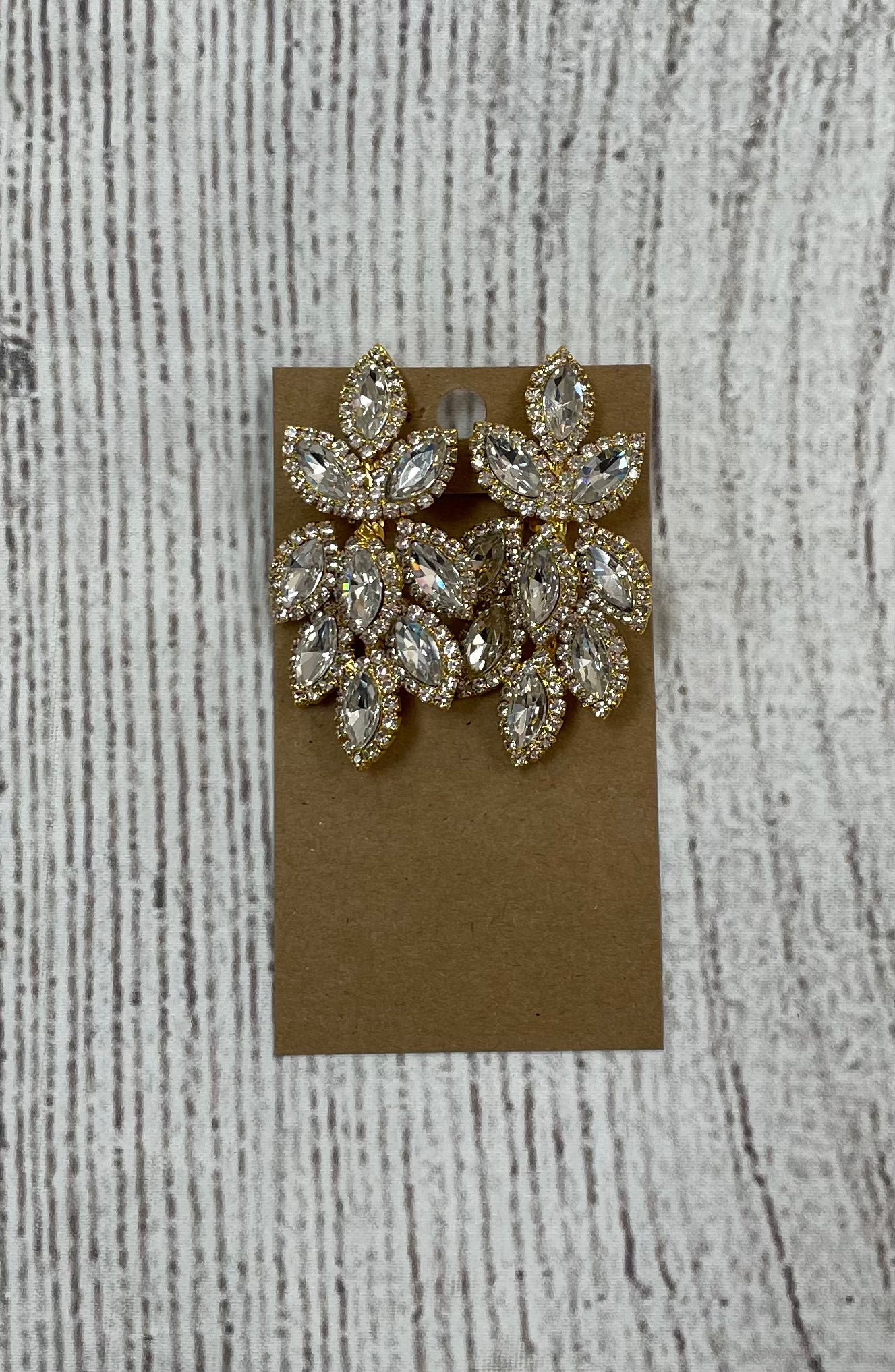 Formal Earrings Clip On Gold Clear Leafy