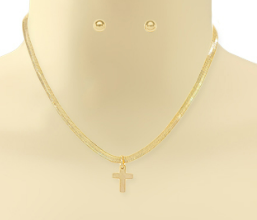 Gold Herringbone & Cross Charm Necklace