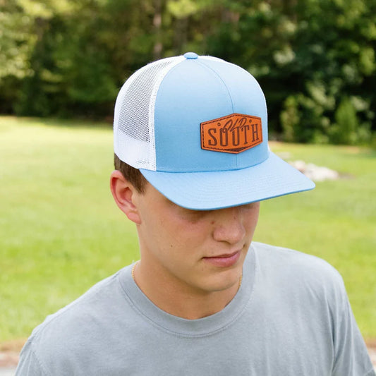 Old South Leather Patch Hat- Carolina Blue/White