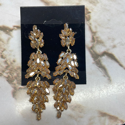 Formal Earrings Gold Base Amber Crystal Triple Feather Long