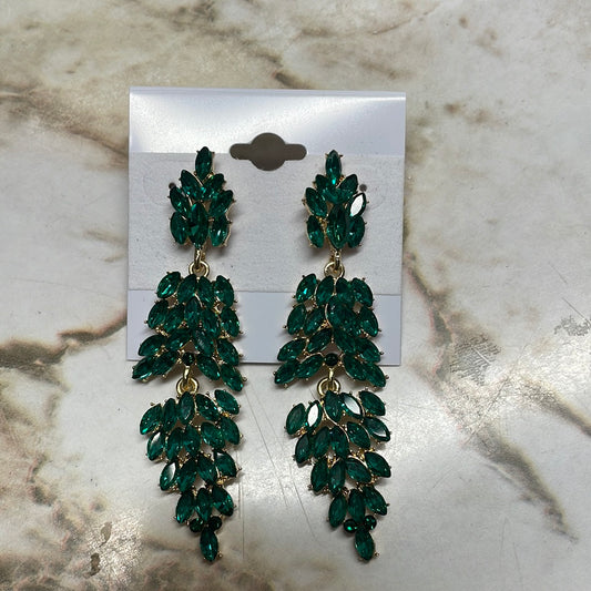 Formal Earrings Gold Base Emerald Triple Feather Long