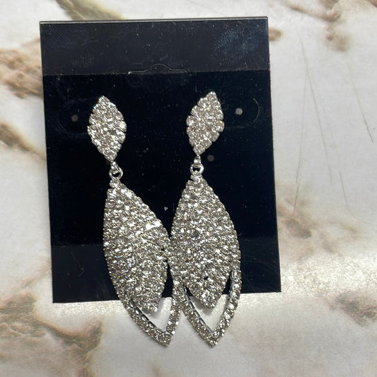 Formal Earrings Silver Base Diamond Almond Long