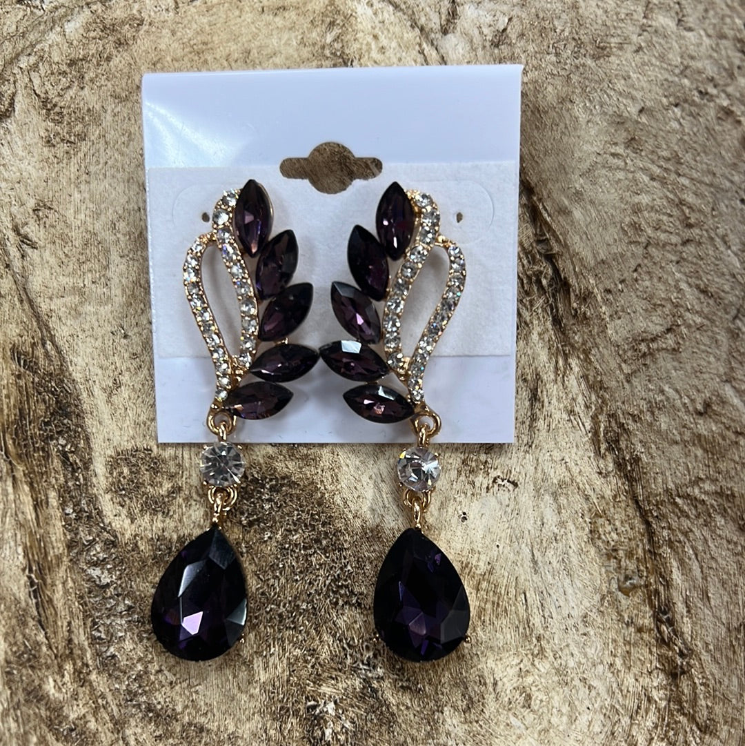 Formal Earrings Long Purple and Gold & Clear Stones